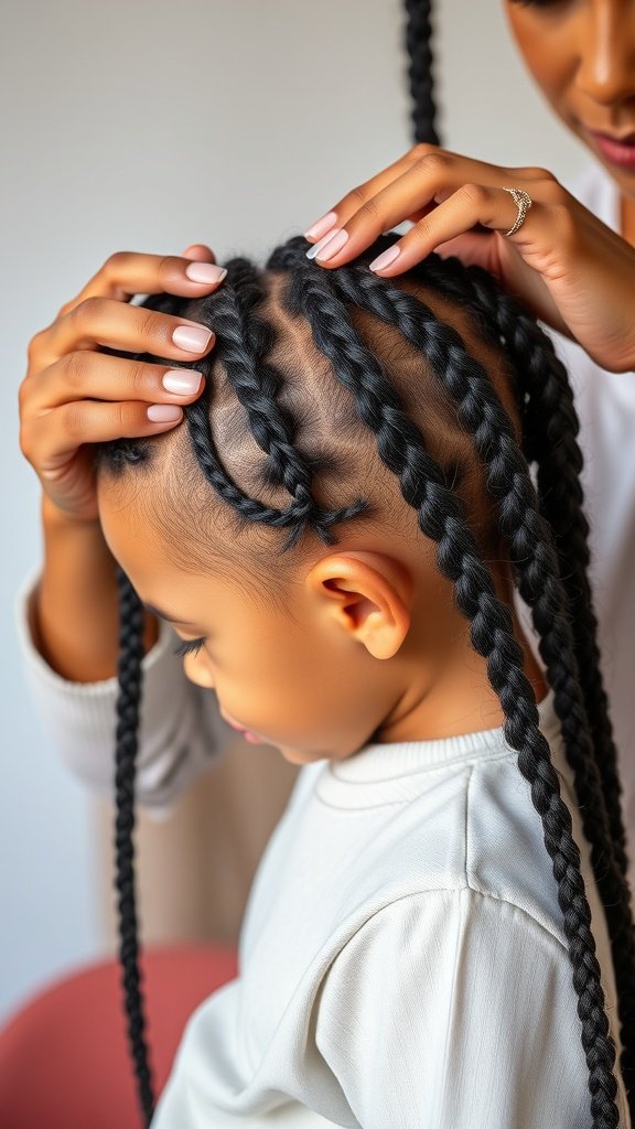 A parent styling a child's medium knotless box braids.