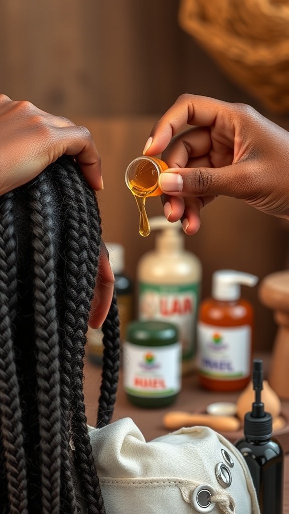A close-up of hands applying oil to Fulani knotless braids, with hair care products in the background.