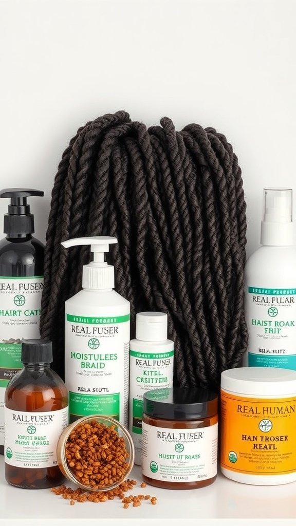 Hair care products for knotless braids including oils and conditioners.