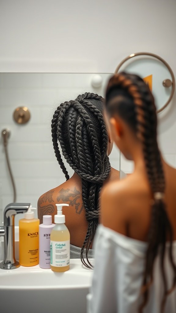 A woman with knotless braids and curly ends, showcasing hair care products in the bathroom.