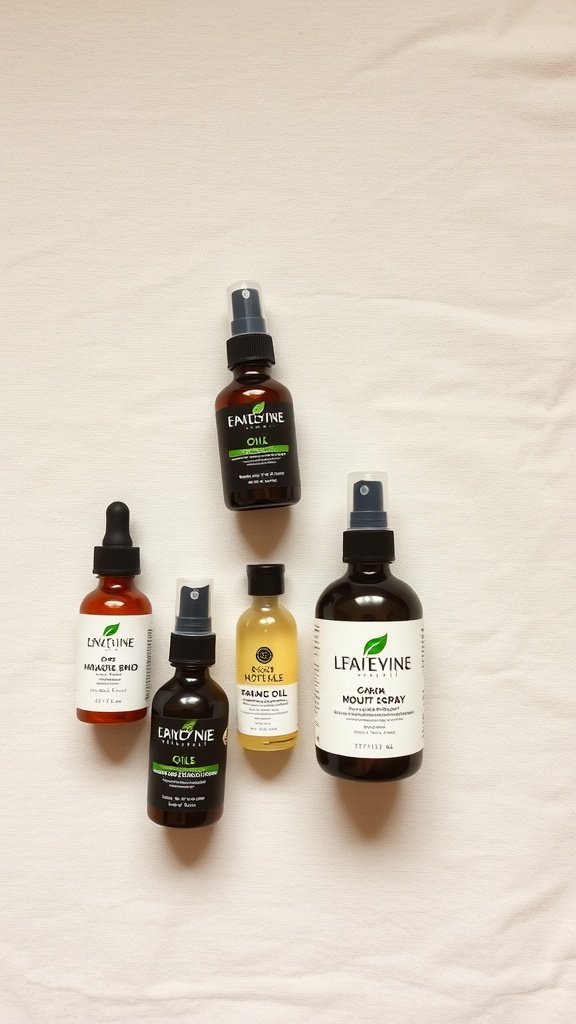 A collection of hair care products for maintaining medium knotless braids, including oils and sprays.