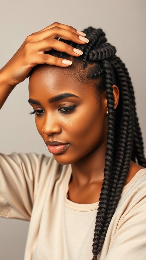 A close-up of a woman with honey blonde knotless braids, gently touching her hair.