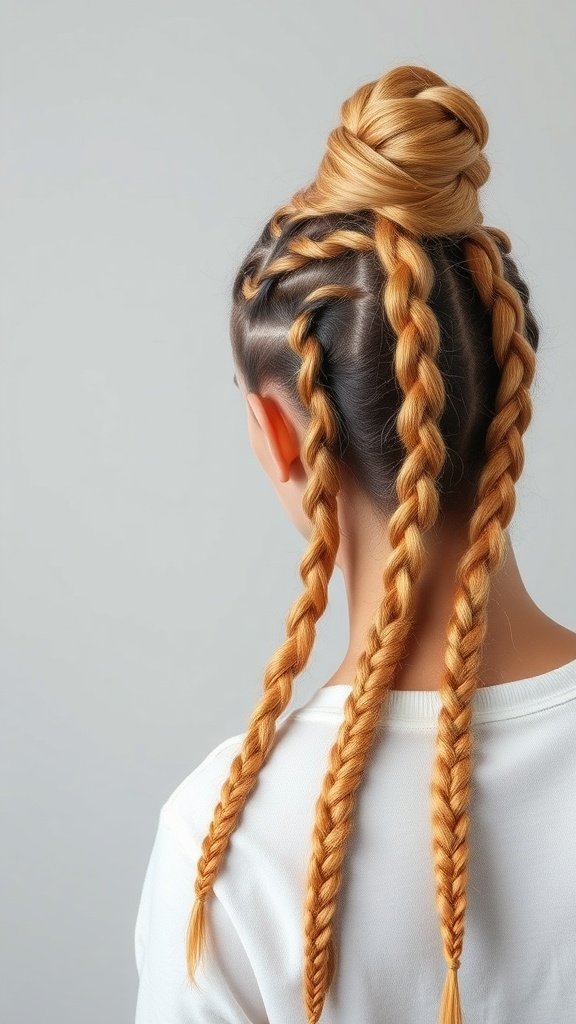 A person with honey blonde knotless braids styled in a bun and hanging braids.