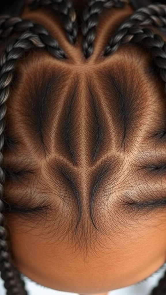 Close-up view of a braided scalp with intricate patterns