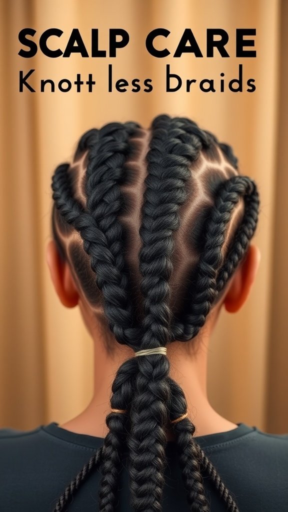 A close-up view of a person's scalp with knotless braids, showcasing the neat and stylish braiding pattern.
