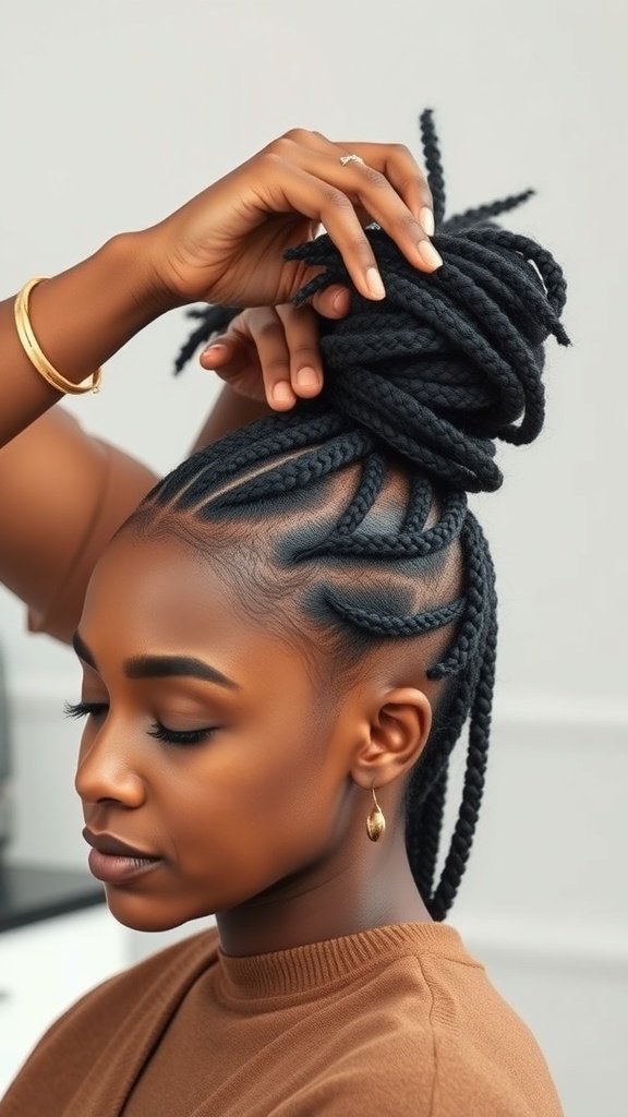 A woman with knotless braids styled in a bun, showcasing a beautiful braided hairstyle.