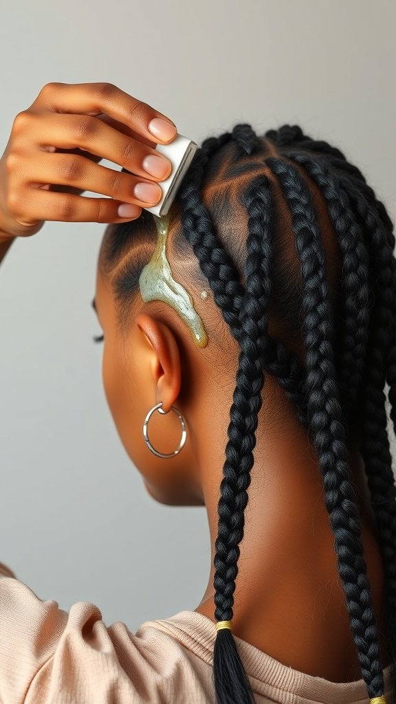 Person applying treatment to scalp with knotless braids