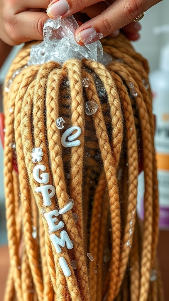 A close-up of blonde knotless box braids being handled with care, showcasing the importance of hair maintenance.
