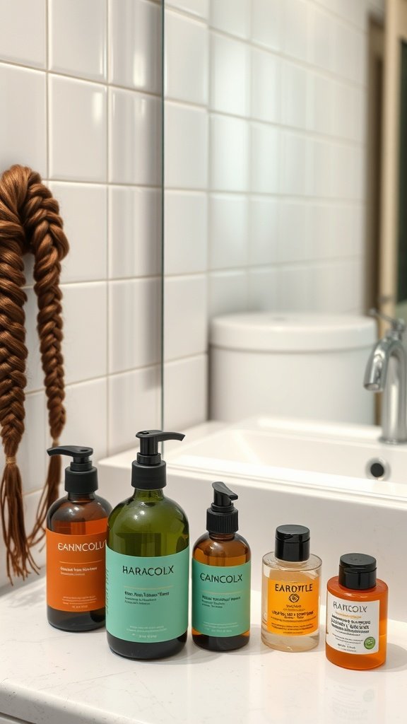 Image of hair care products next to a set of Bohemian knotless braids.