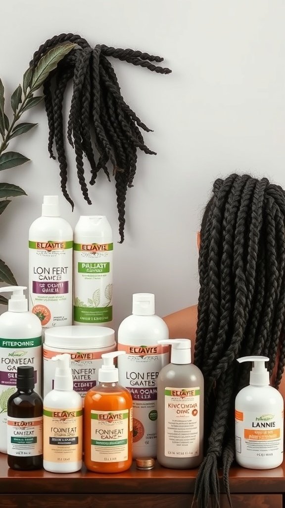 Hair care products for Jumbo Boho Knotless Braids displayed with braids in the background.