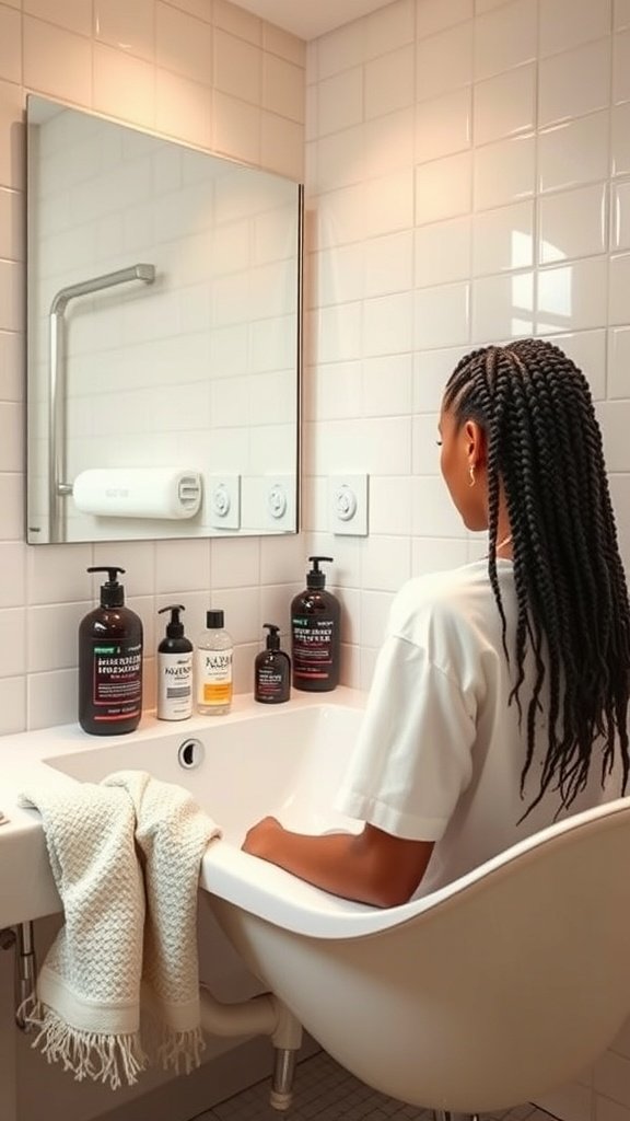 A person with short knotless braids sitting in a bathroom, looking at hair care products.