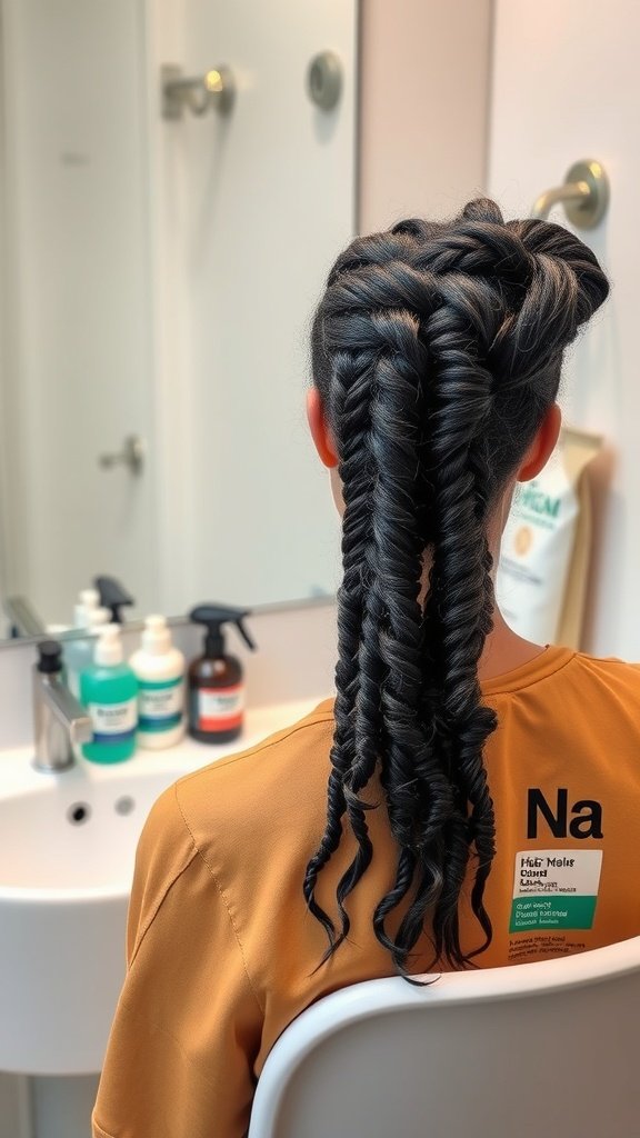 A person with short knotless braids featuring curly ends, sitting in front of a mirror with hair care products visible.