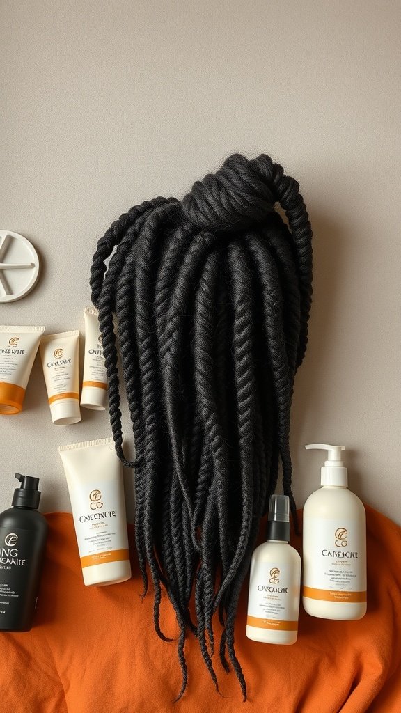 Image of boho knotless braids bob with hair care products