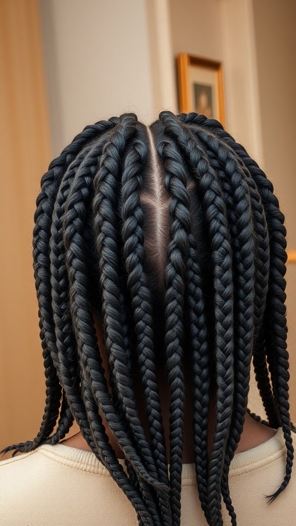 A close-up view of large knotless boho braids styled on natural hair.