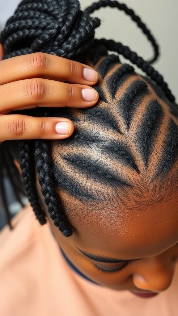 Close-up of a scalp with large knotless box braids, showcasing intricate parting patterns.