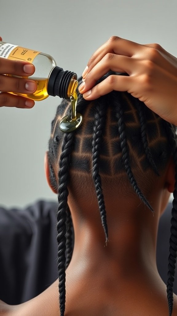 A person applying oil to a braided scalp, focusing on scalp care for knotless braids.
