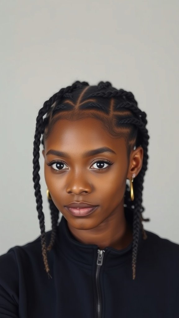 A close-up of a person with short knotless box braids, showcasing neat styling and a healthy scalp.