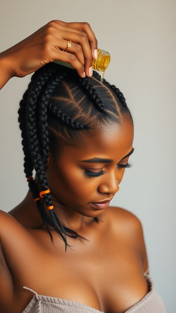 A woman applying oil to her scalp while wearing Fulani knotless braids.