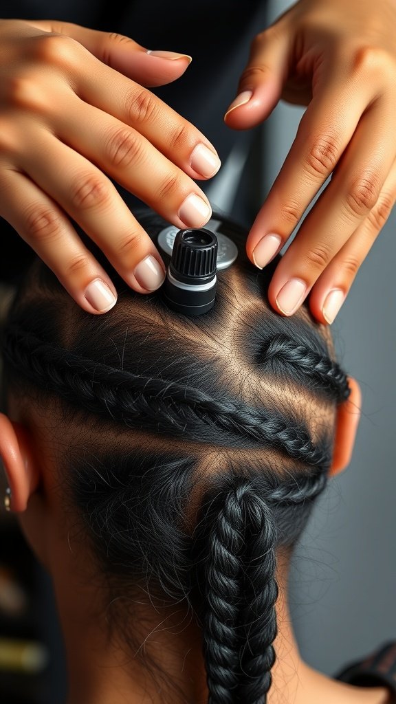 A stylist applying product to a client's scalp while braiding hair.