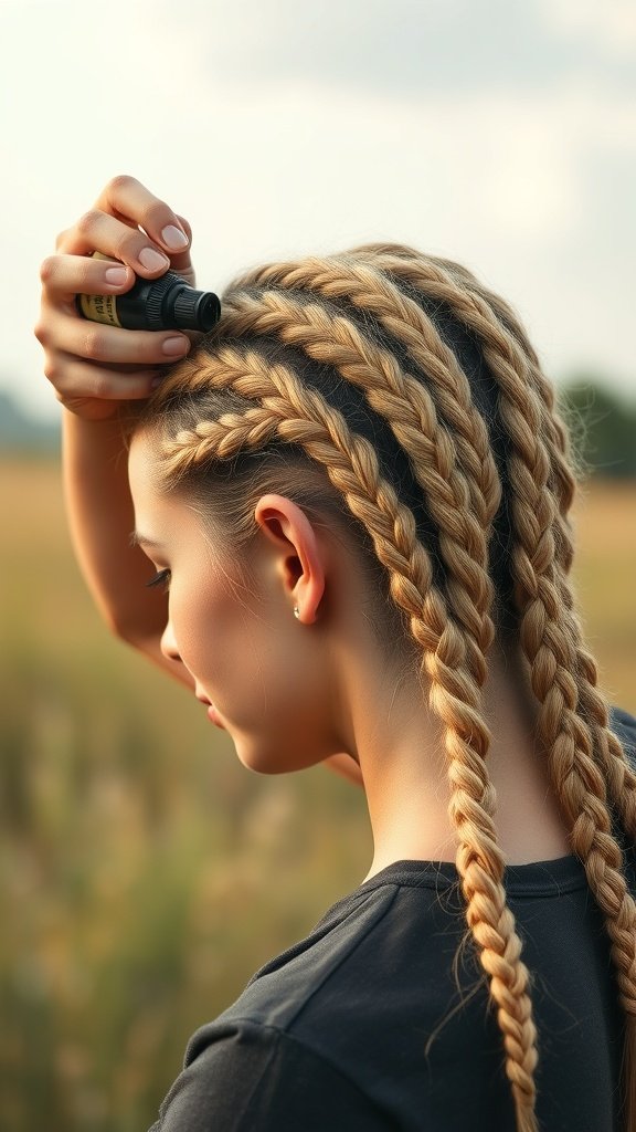 A person applying oil to their scalp while wearing honey blonde knotless braids.