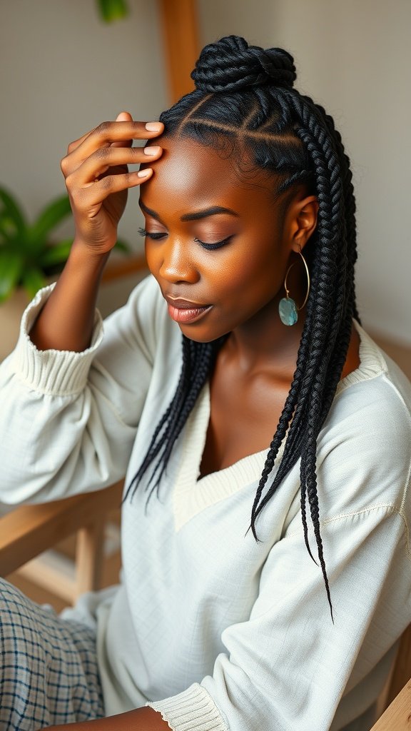 A woman with boho knotless braids, showcasing a stylish and relaxed hairstyle.