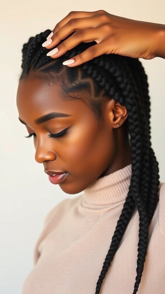 A woman with medium knotless box braids, gently touching her hair, showcasing a stylish and healthy look.