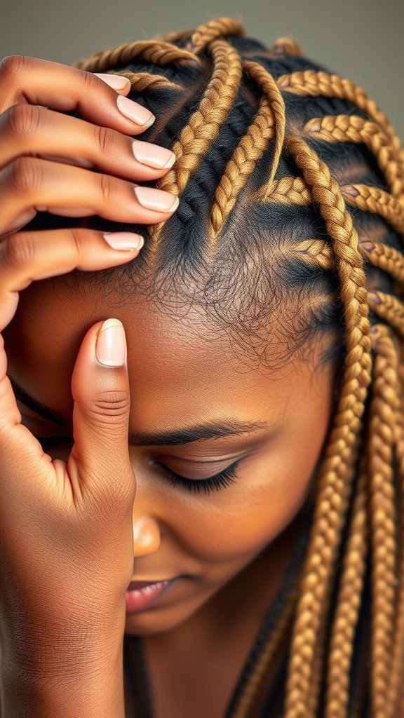 Close-up of a woman with blonde knotless box braids, showing intricate braiding patterns and a focus on scalp care.