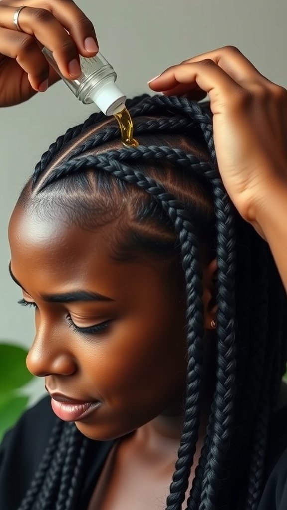 A person applying oil to their scalp while wearing medium knotless box braids.