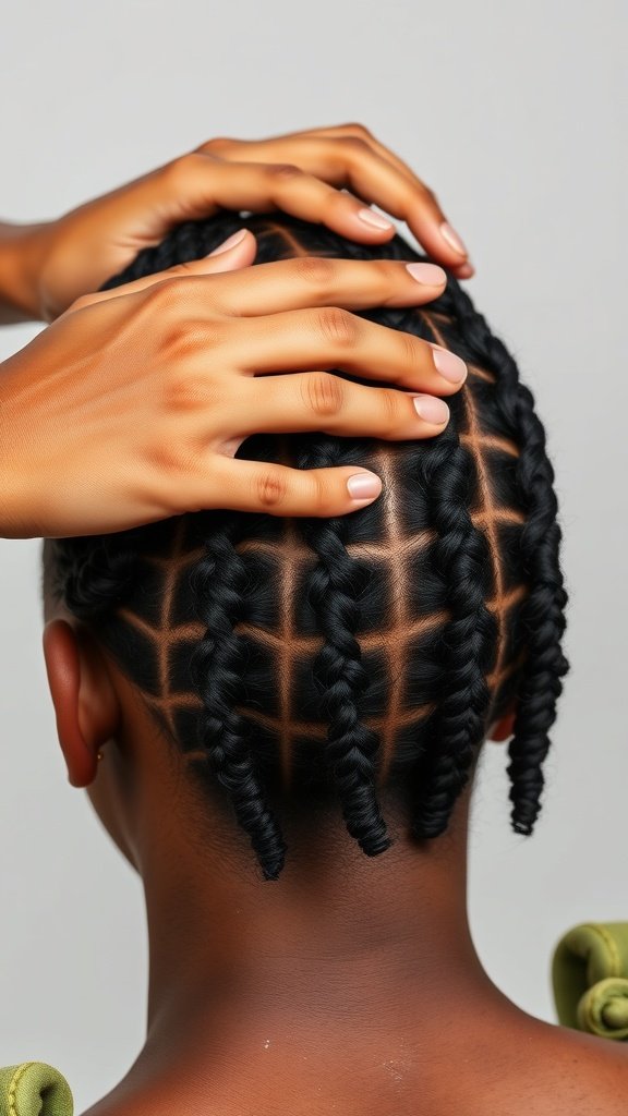 Close-up of a scalp with short bohemian knotless braids, showcasing neat and precise braiding.