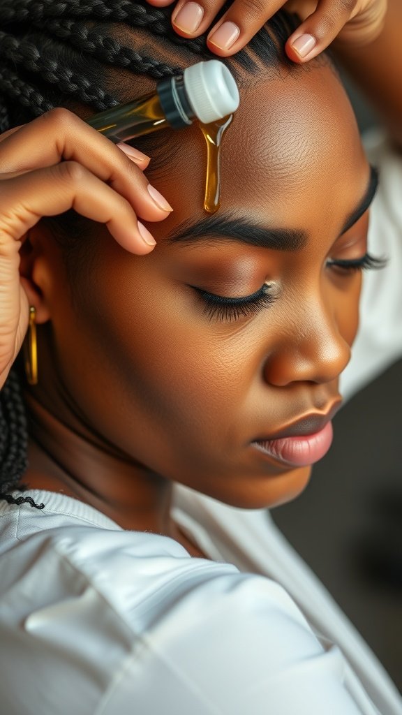 A close-up of a person applying oil to their scalp while wearing braids.