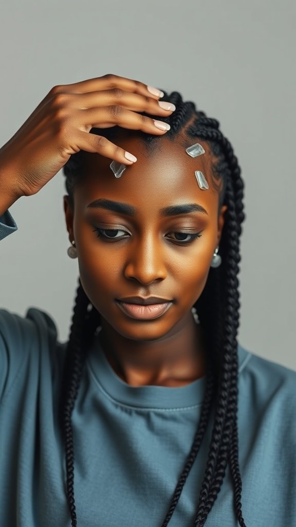 A close-up of a person with ginger knotless braids, focusing on scalp care.