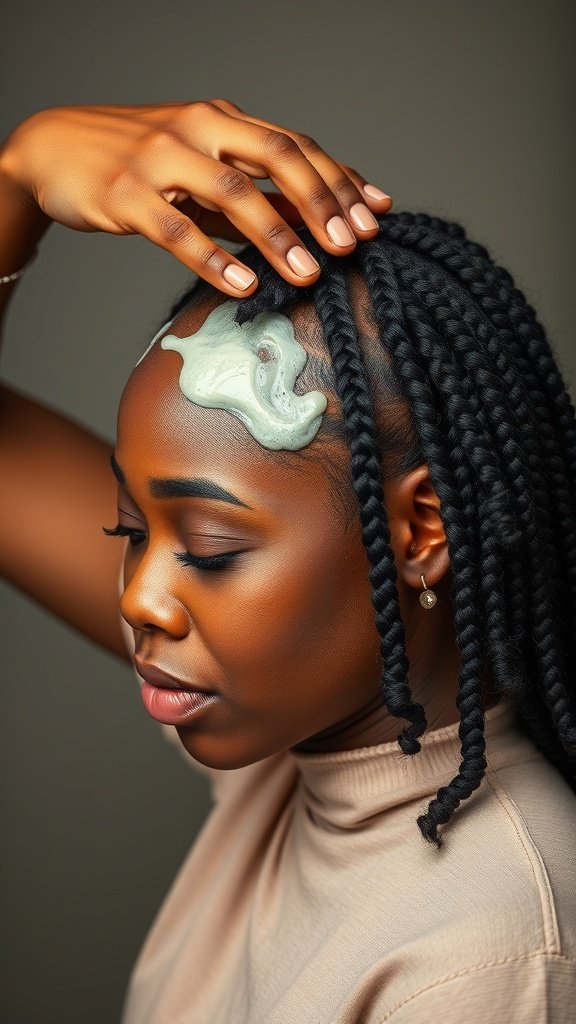 A woman applying a treatment to her scalp while wearing small knotless box braids.