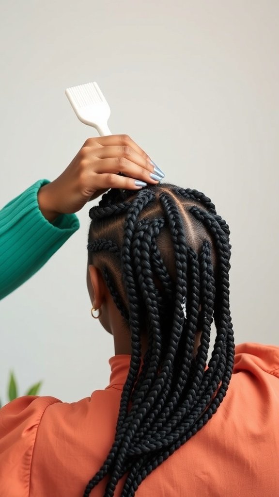 A close-up of a person's hand parting their braided hair with a comb, showcasing the neatness of the braids.