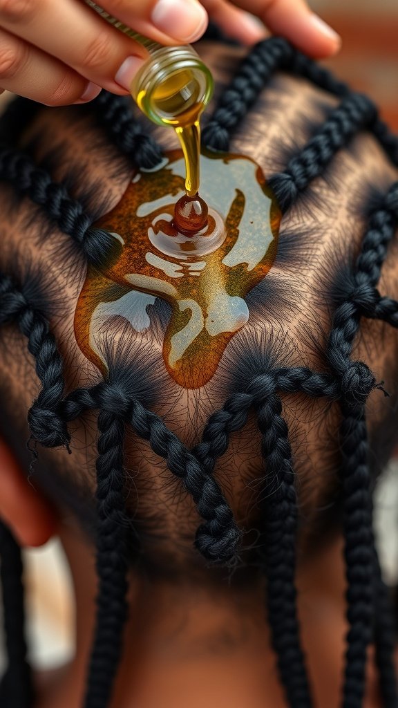 A close-up of a scalp with knotless braids being treated with oil.