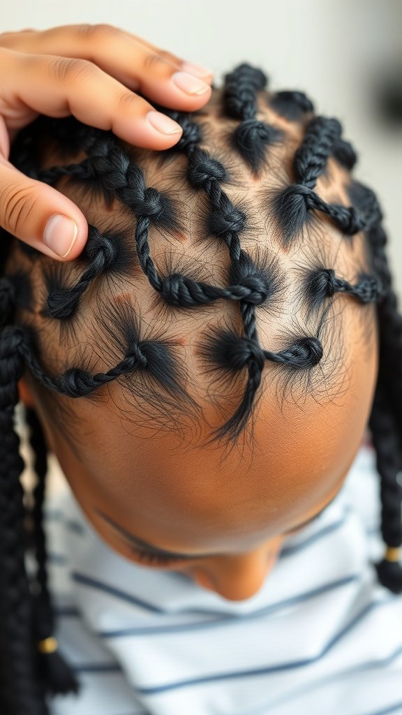 Close-up of a scalp with knotless braids being styled