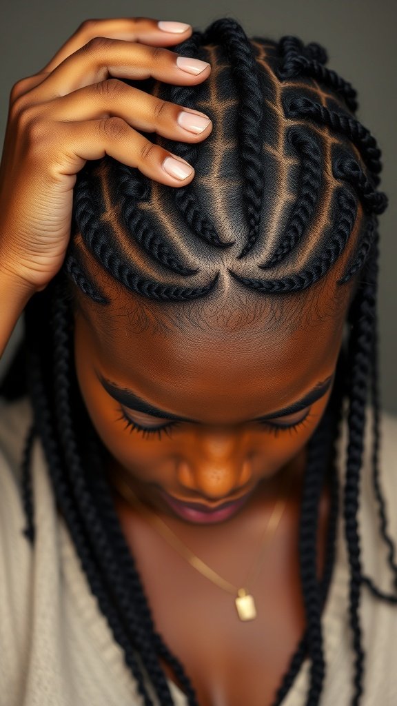 Close-up of a woman's scalp with knotless twist braids, showcasing intricate patterns and healthy hair.