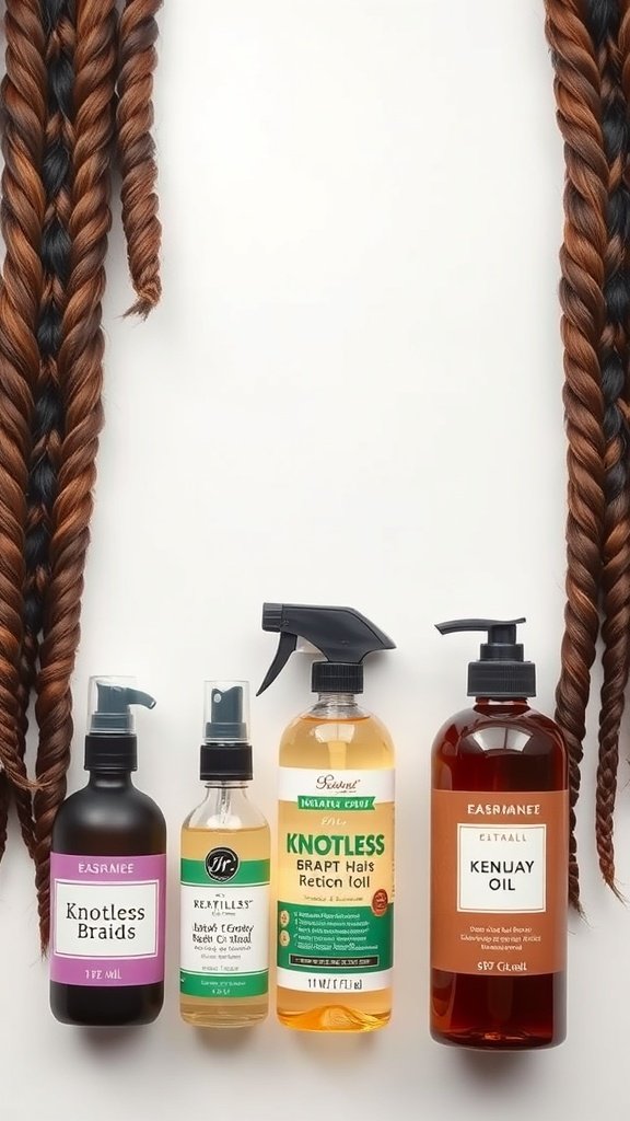 Image of products for maintaining short bohemian knotless braids, including braid spray, oil, and treatment.