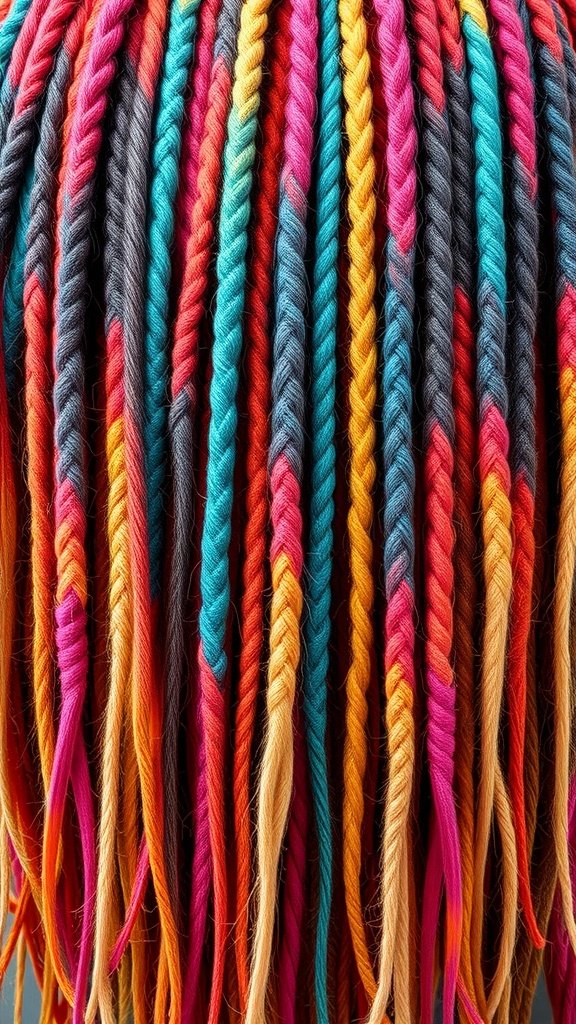 Colorful boho knotless braids in various shades of pink, orange, blue, and black.