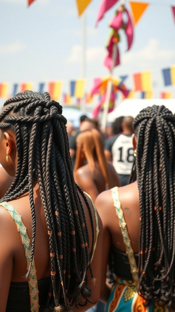Image of individuals with short knotless braids and curly ends, showcasing cultural heritage at a vibrant festival.
