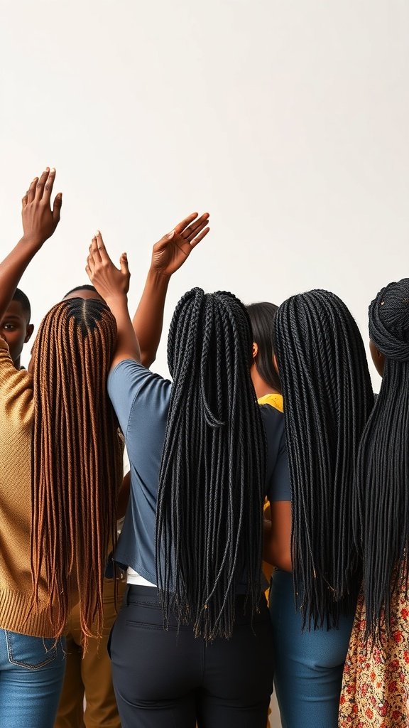 A group of individuals showcasing diverse medium knotless braids in various colors and styles.