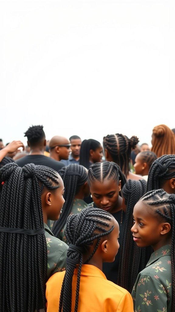 A group of people showcasing jumbo knotless box braids in a vibrant setting.