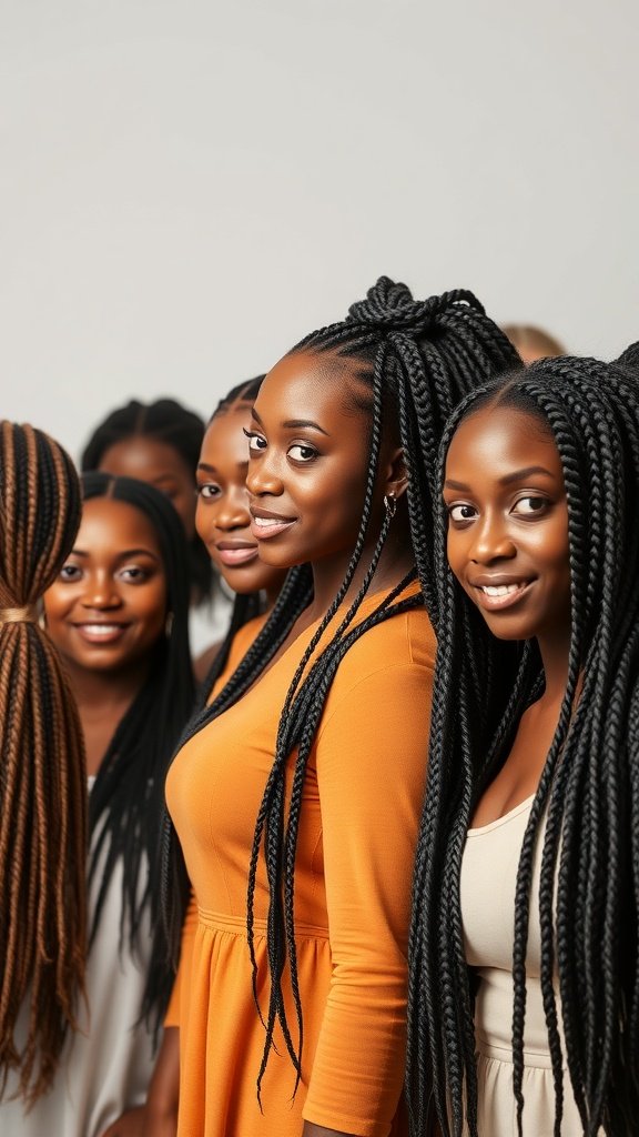 A group of women showcasing diverse jumbo boho knotless braids, highlighting different styles and colors.