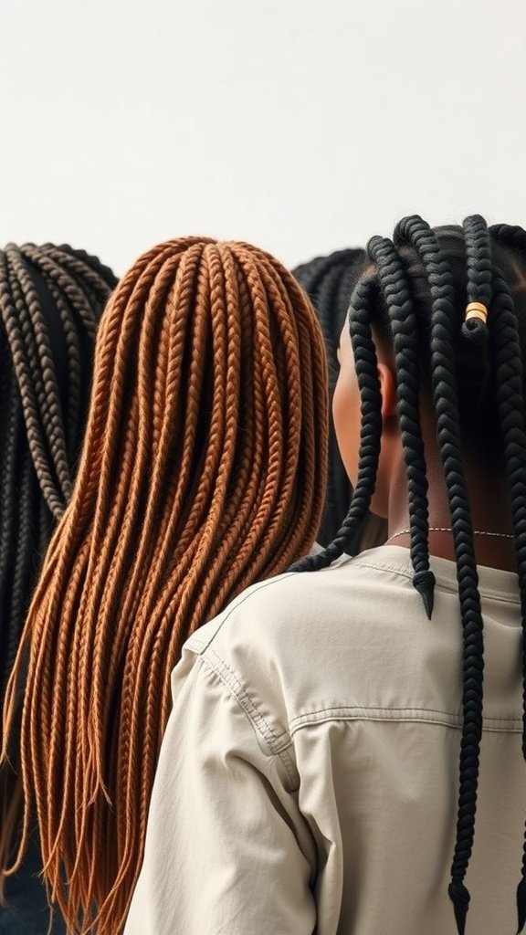 A group of women showcasing various styles of knotless braids, featuring different colors and textures.