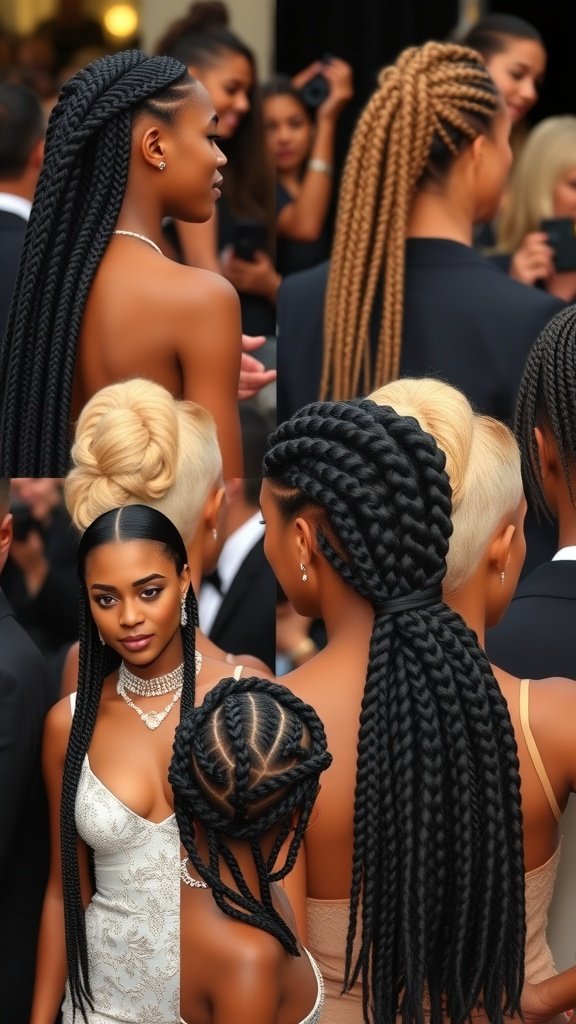 A collage of celebrities showcasing various styles of knotless braids, featuring different colors and lengths.