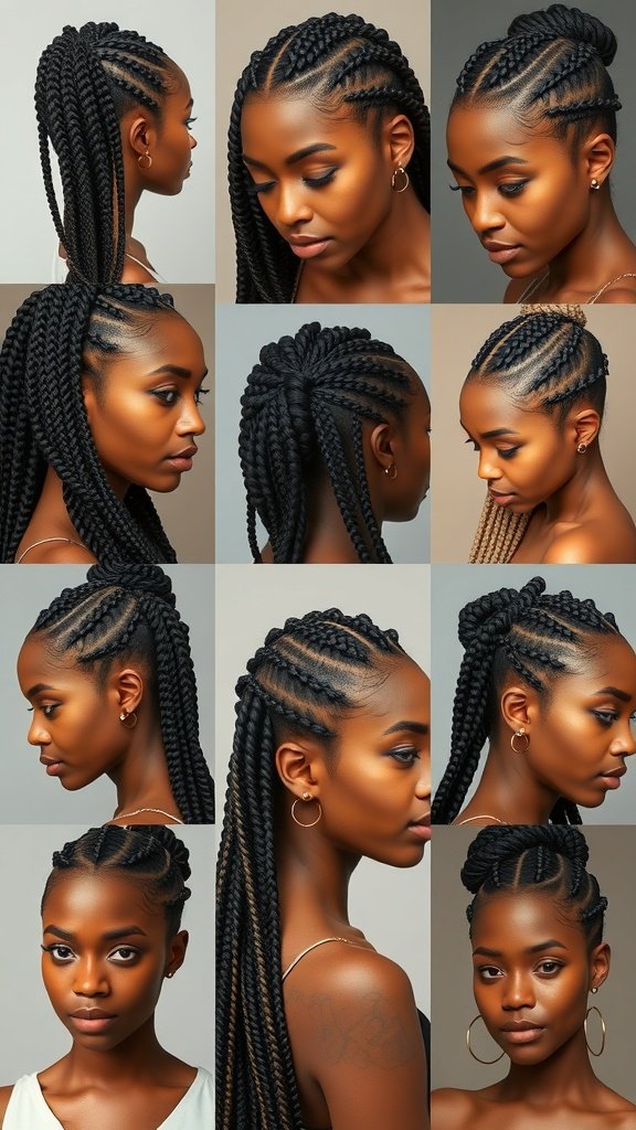 A collage of women showcasing different styles of knotless braids, including long, medium, and unique variations.