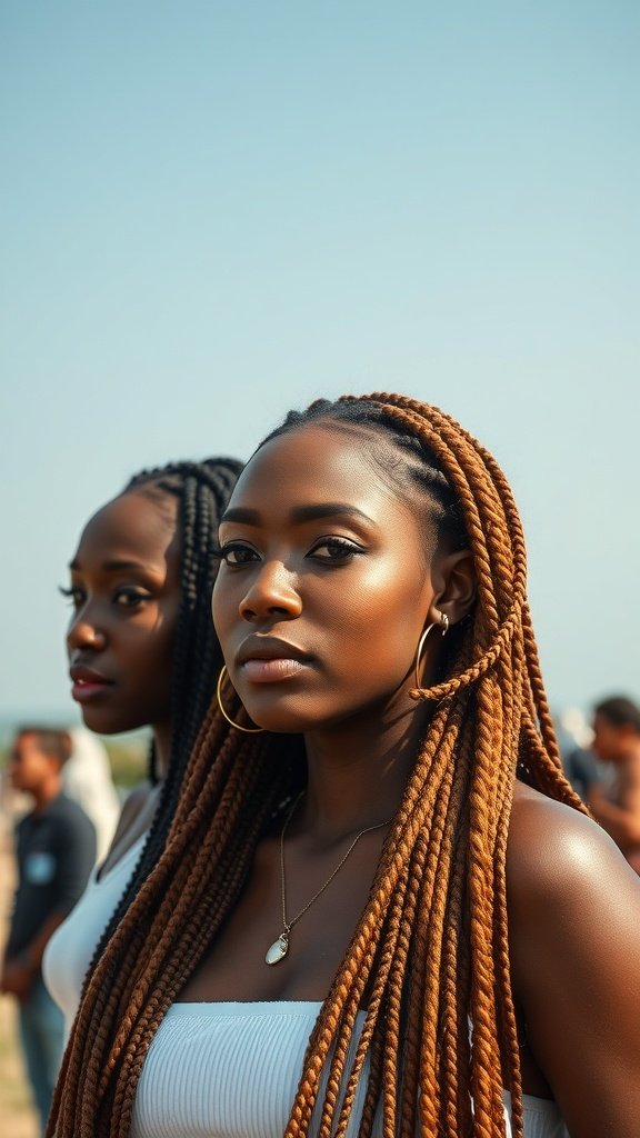 Two women with honey brown knotless braids, showcasing a stylish and trendy hairstyle.