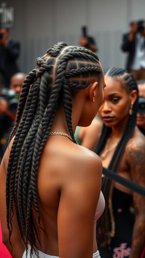 A woman with stylish small knotless braids at a public event.