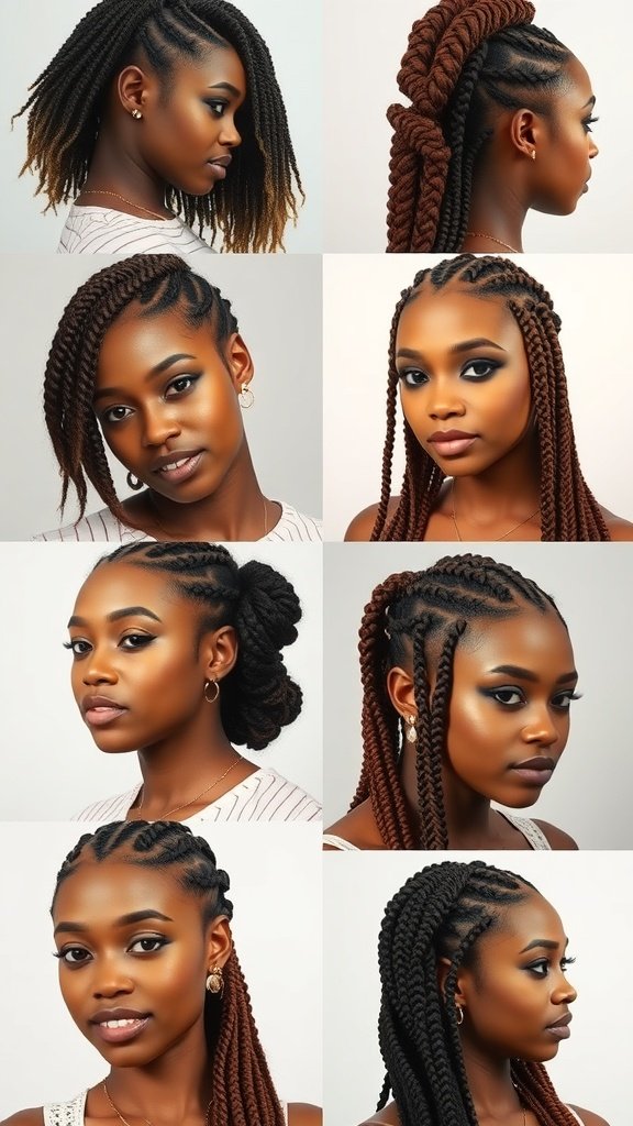 Collage of different styles of honey brown knotless braids on a model.