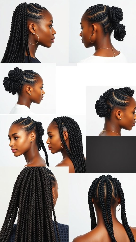 Various styles of XS knotless braids showcased on a model, including ponytails and buns.