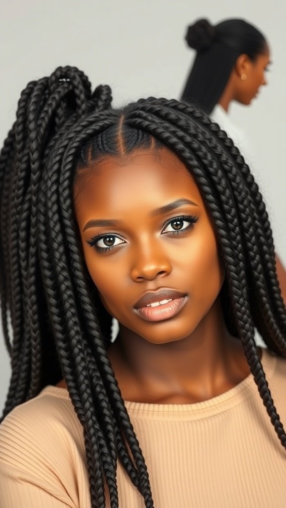 A woman with jumbo boho knotless braids, showcasing a stylish and trendy hairstyle.